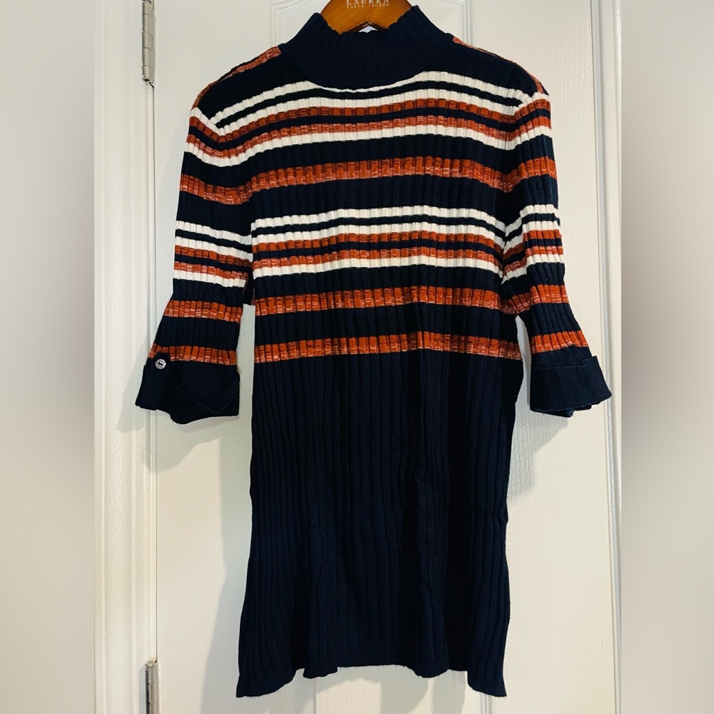 Style & Co. Turtleneck Elbow-sleeve Stripe Ribbed-Knit Sweater Top Large Size